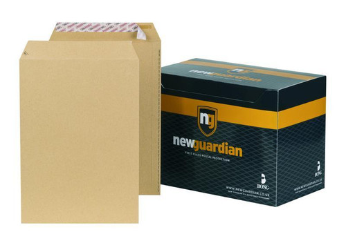 CW Office Heavyweight Pocket P&S ML C4 PK250, brown padded envelope with a box of New Guardian postal protection products.