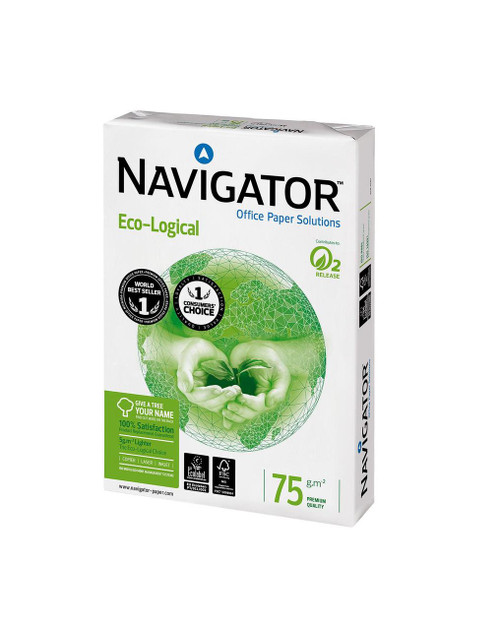 CW Office Navigator Eco Paper, A4 size 75gsm eco-logical office paper in a white box with green design and branding.