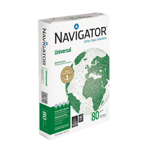 CW Office Navigator Uni Paper 80gsm A3 BX5 reams, product packaging with a world map design and various certification logos.