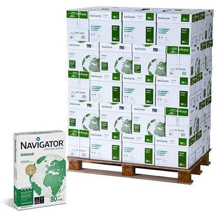 CW Office Navigator Uni Paper 80gsm Plt 64 Boxes, a pallet of multiple total boxes of white 80gsm paper with green and white packaging, and one individual box of Navigator universal paper with green globe design.