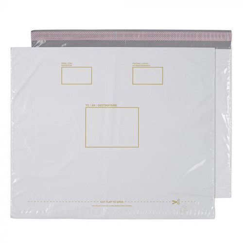 CW Office Polypost Poly Pkt Whi P&S 430x590 PK100, white plastic mailing or packaging envelopes with designated spaces for addresses and postal information.
