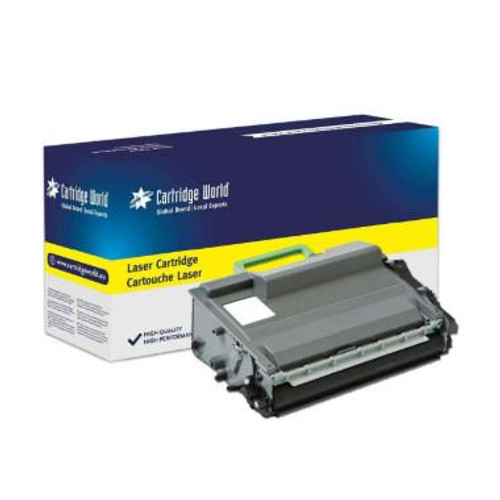 Cartridge World Compatible Brother TN-3480 Black Toner Cartridge High Capacity, new toner cartridge with packaging box and toner container shown.