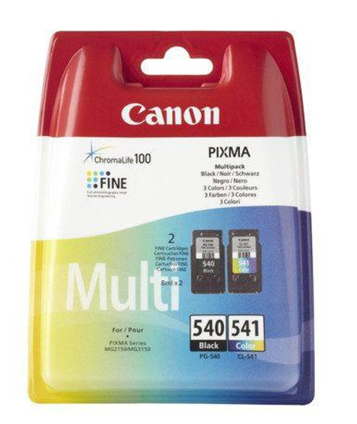 Canon PG-540/CL-541 Multi pack Ink Cartridge Original Black, Cyan, Magenta, Yellow, multi-pack packaging of 2 ink cartridges with Canon branding and color labels. Canon PG-540/CL-541 Multi pack Ink Cartridge Original Black, Cyan, Magenta, Yellow, multi-pack packaging of 2 ink cartridges with Canon branding and color labels.