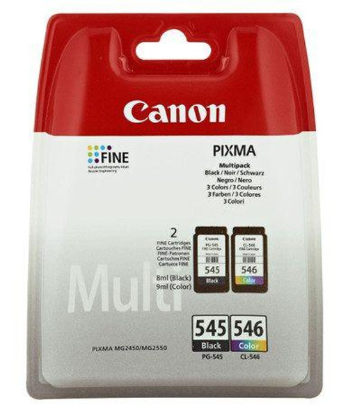 Canon PG-545/CL-546 Multipack Original BKCMY ink cartridges, product packaging showing black, cyan, magenta, and yellow cartridges in a red and white box. Canon PG-545/CL-546 Multipack Original BKCMY ink cartridges, product packaging showing black, cyan, magenta, and yellow cartridges in a red and white box.
