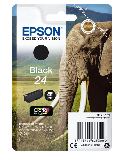  Epson 24 Elephant Black Standard Capacity Ink Cartridge 5ml - C13T24214012 