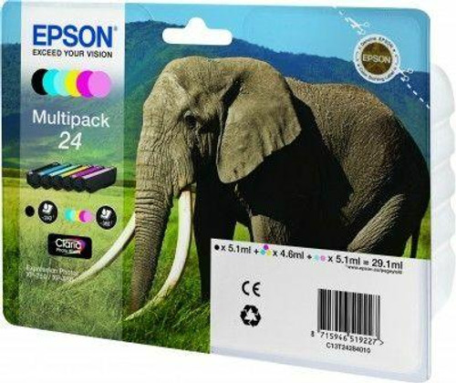 Epson 24XL Elephant Black CMY Colour High Yield Ink Cartridge 10ml 3 x 9ml 2 x 10ml - C13T24384011