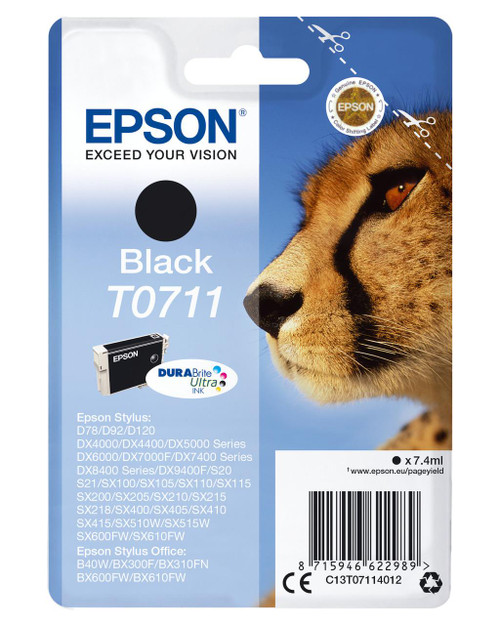  Epson T0711 Cheetah Black Standard Capacity Ink Cartridge 7ml - C13T07114012 