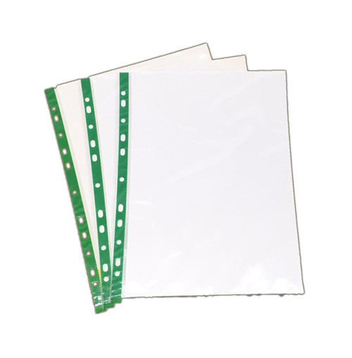 Cartridge World Punched Pockets A4 50 micron Glass Clear Green Strip (Pk 100) 