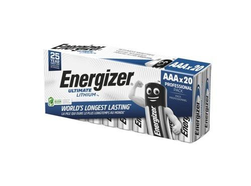 Energizer Lithium AAA Battery (Pack 20) - 454734, image of a box containing 20 AAA lithium batteries with the Energizer branding and packaging design.