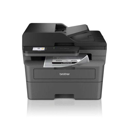 Brother DCP-L2660DW 3 in 1 A4 Mono Multifunction Laser Printer, compact black and gray office device with paper output tray and control panel for printing, scanning, and copying.