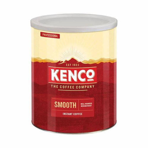 Kenco Smooth Roast Granules 750g, image of a cylindrical container with a red and yellow label, featuring the Kenco logo and product details.