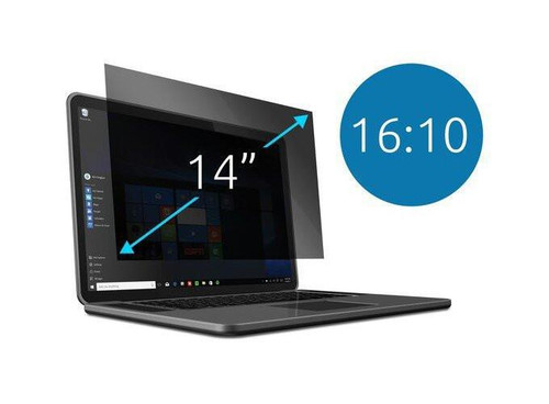 Kensington Kens Privacy Filter 14-inch, 16x10 aspect ratio screen protector for laptops, shown partially attached to a laptop screen in the image.