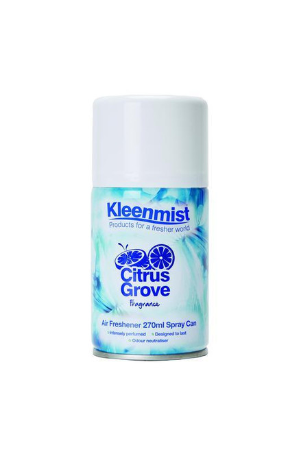 Kleenmist Aerosol Refil Citrus Grove PK12, an air freshener spray can with a white cap and a blue and green label featuring citrus fruits illustration.
