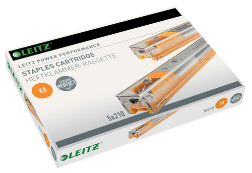 Leitz Heavy Duty Staples Cart 26/8 YL, a box of heavy-duty staples for staplers, with an orange and transparent plastic design on the packaging.