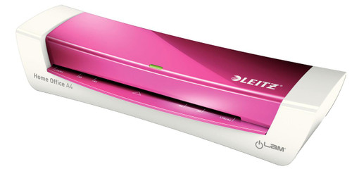 Leitz iLAM Laminator A4 Pink White, A4 pink and white home office laminator with control panel and green status indicator.