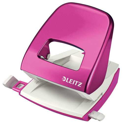 Leitz WOW 2 Hole Punch Metallic PK, pink and white desktop hole punch with dual punching mechanism and digital display.