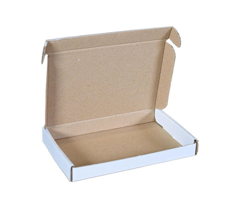 LSM Letter Box 160x110x20mm A6 White PK50, open cardboard letter box with brown interior and white exterior for mailing or organizing letters.