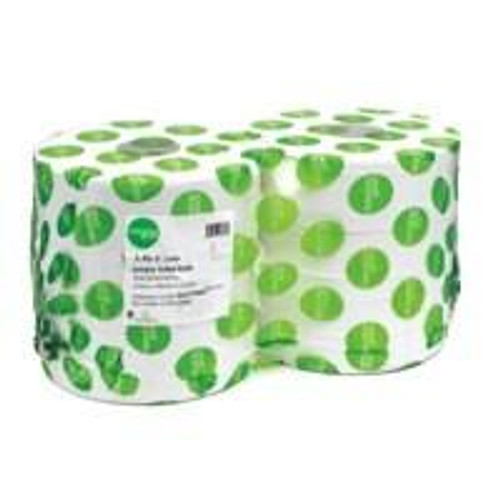 Maxima Jumbo Toilet Roll 2 Ply PK6, image showing a pack of six rolls of white toilet paper with green polka dot design.
