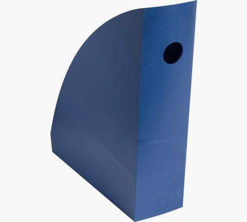 Exacompta Neo Deco Magazine File French Blue, standing vertical with a semi-circular top and circular hole for easy handling.