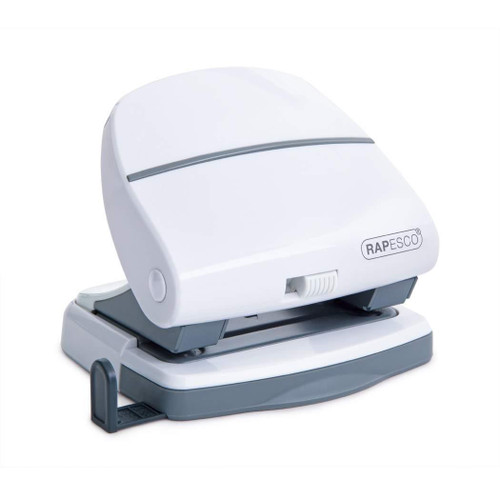 Rapesco P30 2-Hole Punch, white and gray desktop punch for binding up to 30 sheets of paper.