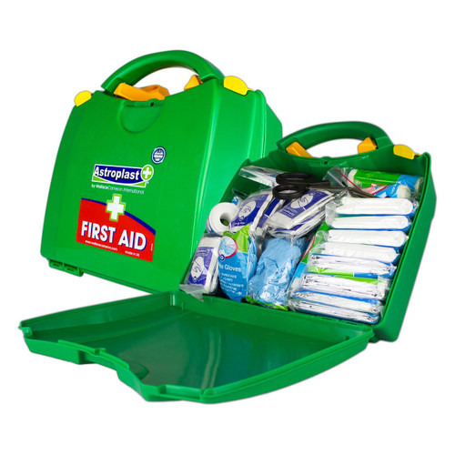 Astroplast PGB BS Large First Aid Kit Green, open green plastic first aid kit with assorted medical supplies inside.