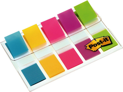 Post-it PostIt Index Flags, colorful sticky tabs in assorted bright colors on a transparent plastic holder with 12mm size and 100 tabs in total.