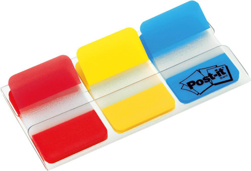 Post-it PostIt Index Flags 25mm Strong, a set of 66 colorful index flags in red, yellow, and blue in a transparent plastic container.
