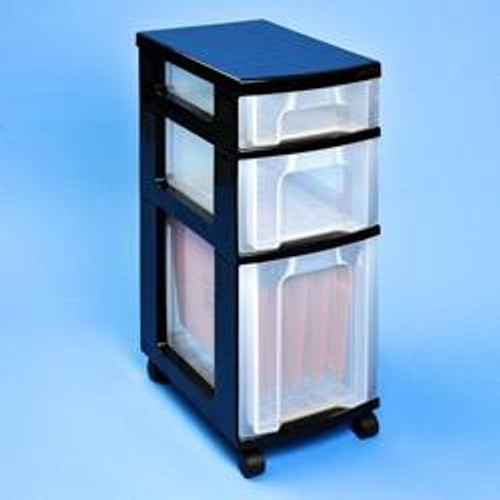 Really Useful Tower 7L 12L 25L Black, multi-tier storage tower with black frame and clear plastic drawers on a blue background.