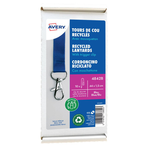 Avery Rec lanyard with trigger clip Blue Pack 10, blue recycled lanyard with metal trigger clip for ID badges or keys.