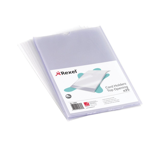 Rexel Cardholder A5 PVC PK25, transparent PVC cardholders with top opening for easy access.