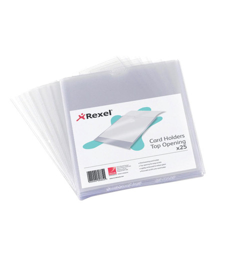 Rexel Nyrex Card Holder 152x102mm (PK25), transparent plastic card holders with top opening for document organization.