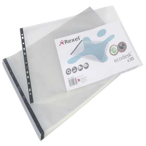 Rexel Pocket Eco Landscape 100Mi A3 PK30, transparent A3-sized polypropylene document storage pouch with black sealing strip.