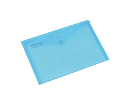 Rexel Popper Wallets A4 Blue PK5, A4-sized multi-pocket plastic wallet for organization and storage of documents.