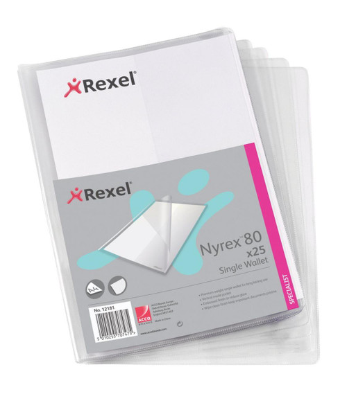 Rexel Rx Nyrex Wallet wt Pocket A4 Clear PK25, transparent A4 size document wallet with a zipper for secure storage.