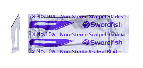 Swordfish Scalpel Blades No.10A PK100, sterile scalpel blade in original packaging.