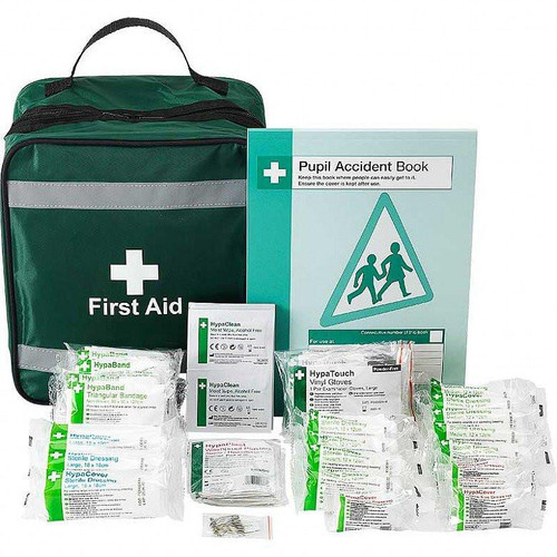 School Outing First Aid Kit, portable first aid bag with essential medical supplies including bandages, gloves, a pupil accident book, and wound dressing for emergencies.