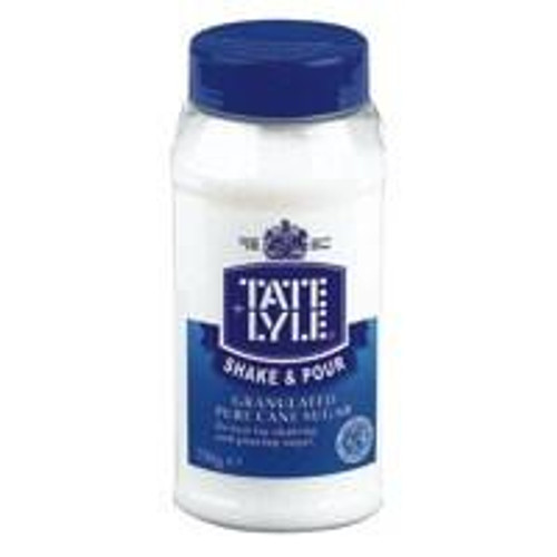 Shake and Pour Sugar 750g, white sugar in a clear jar with a blue lid and label