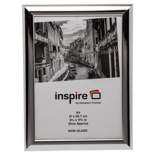 CW Office Shiny A4 Non Glass Frame 30mm Silver, product display with a shiny silver-colored frame surrounding an image of a canal scene and a label indicating size and non-glass material.
