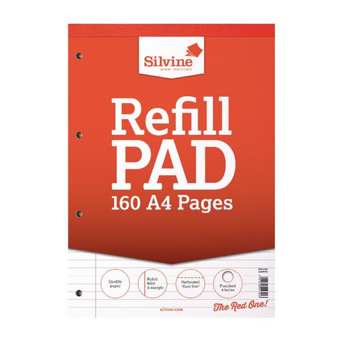 CW Office Silvine A4 Refill Pad Feint Margin PK6, red cover with 160 A4 pages and perforated easy tear feature.