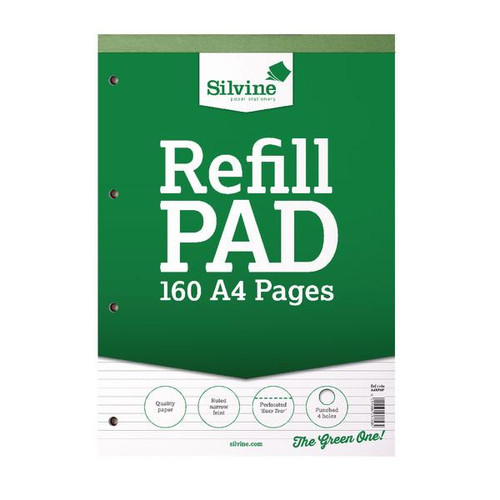 CW Office Silvine A4 Refill Pad Narrow Ruled PK6, green cover and 160 A4 pages with quality paper, ruled narrow lines, perforated easy tear, and punched holes for binding.