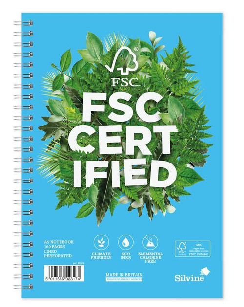 CW Office Silvine A5 Prem FSC Twinwire Notebook PK5, featuring a blue cover with FSC certification logo and tropical leaves design.