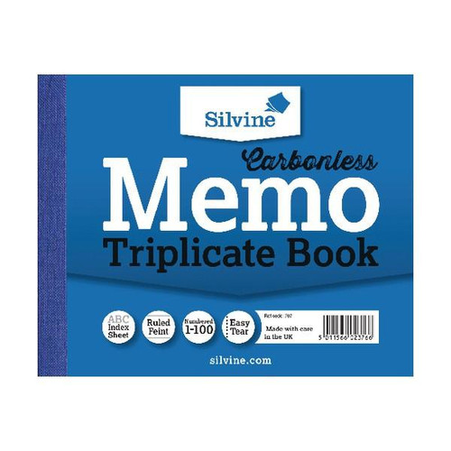 CW Office Silvine Carbonless Trip Bk 102x127mm PK5, blue carbonless memo triplicate book with easy tear and ruled pages.