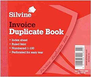 CW Office Silvine Dupl Invoice Book 102x127mm Pk12, red cover with product details and barcode.