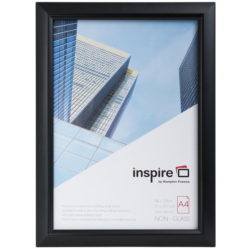 CW Office Snap Frame A4 Deluxe Glass Black Alum, modern black aluminum snap frame with clear glass front for displaying A4 documents.