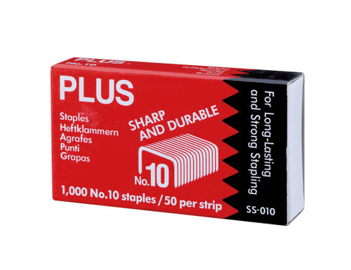 CW Office Staples No.10 Pack 1000, red and black box of durable, sharp No.10 staples for long-lasting, strong stapling, with 50 staples per strip.
