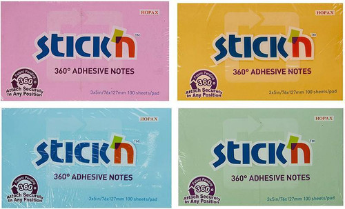 CW Office Stickn Repos 360Notes76x127 PK12, four packs of adhesive notes in pink, yellow, blue, and green colors, each containing 100 sheets with 360° adhesion for secure attachment.
