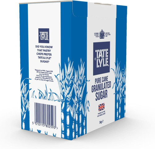 CW Office Tate & Lyle 3kg Sugar Tub, blue and white sugar packaging with illustrations of sugarcane plants and product details.
