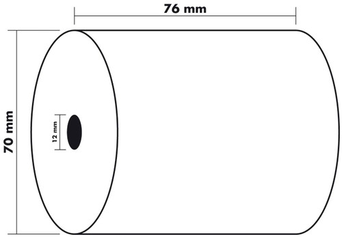 CW Office Therm Roll 55g 1ply 76x70x12 PK10, image of a white thermal paper roll with dimensions and technical specifications.
