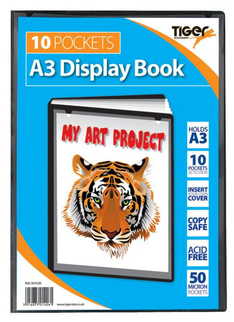CW Office Tiger A3 Pres Display Book Black 10pkt, packaging with an illustration of a tiger and text highlighting its features like 10 pockets and A3 size.