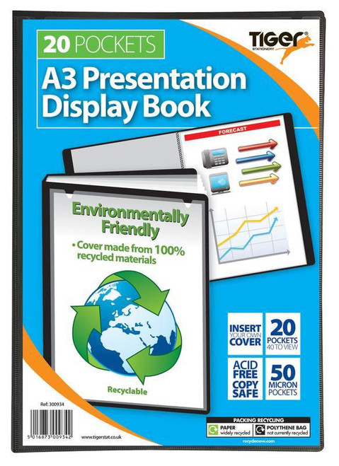CW Office Tiger A3 Pres Display Book Black 20pk, a black A3 presentation display book with 20 pockets and environmentally friendly cover made from recycled materials.